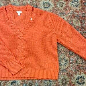 Nine West Bright Orange V-Neck Cable Knit Sweater